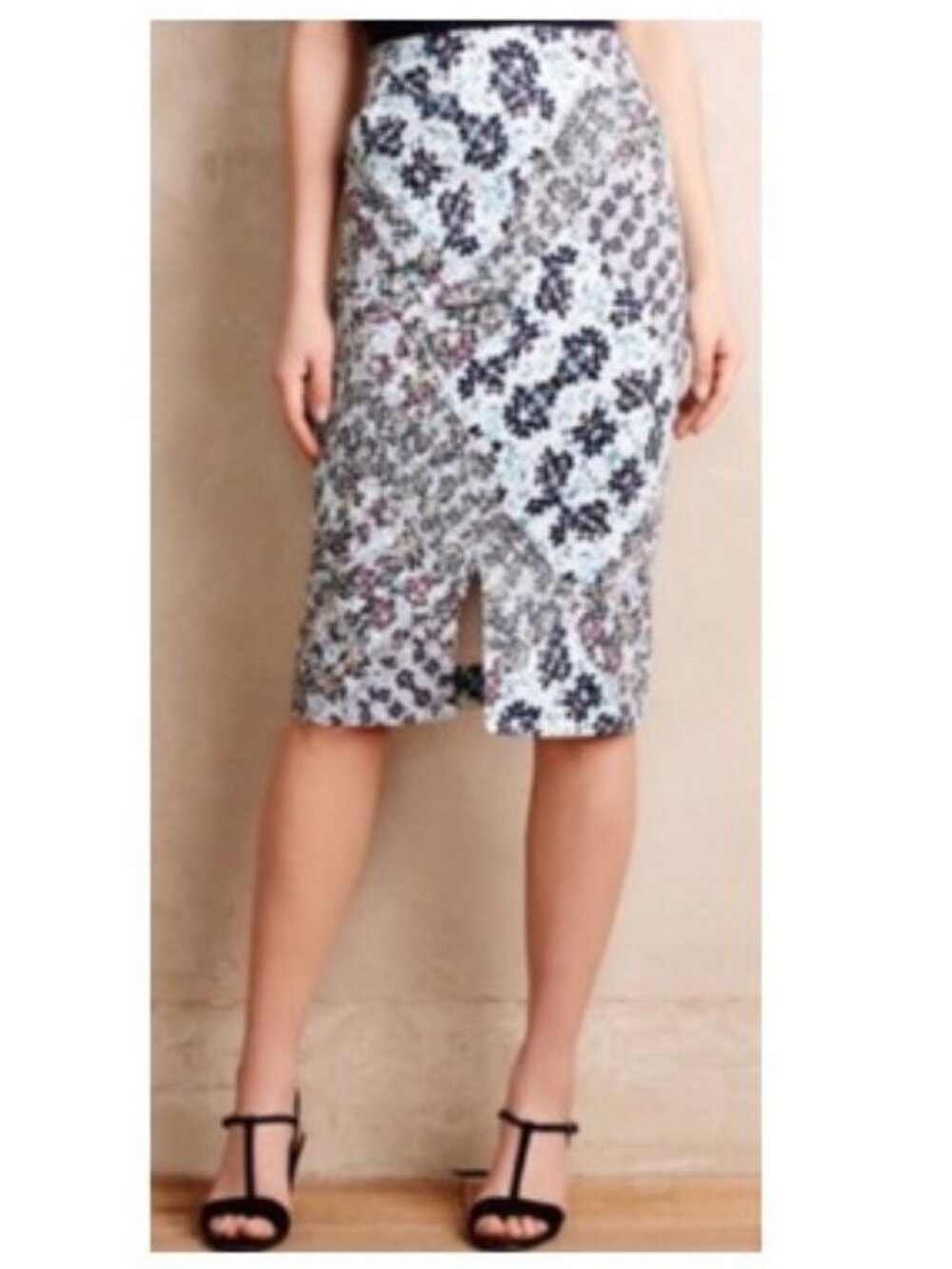 Sam & Lavi Pencil Skirt in Blue Floral Patchwork from Anthropologie –Size Medium